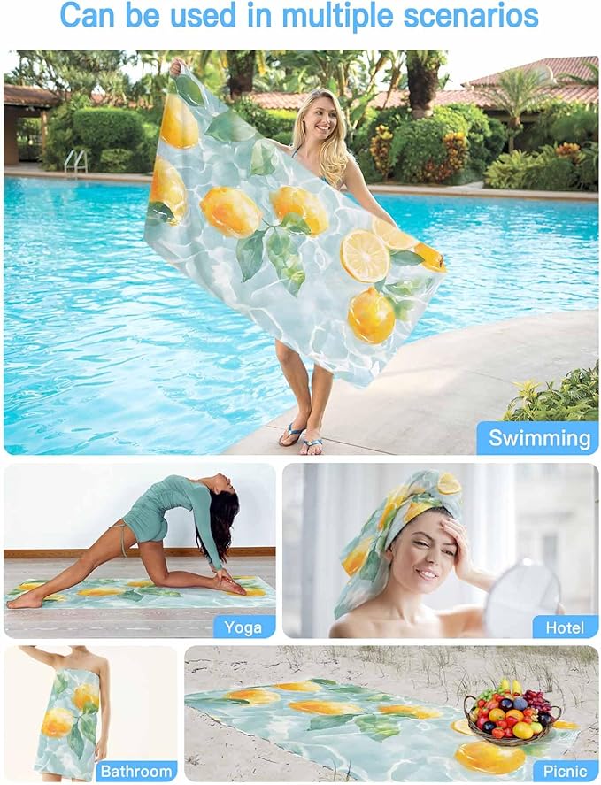 Watercolor Lemon Beach Towel 30" x 60" Summer Fruit Water Waves Lake Quick Dry Sand Free Pool Towels Soft & Absorbent Compact Towels Beach Accessories for Travel Bathroom Swimming Pool