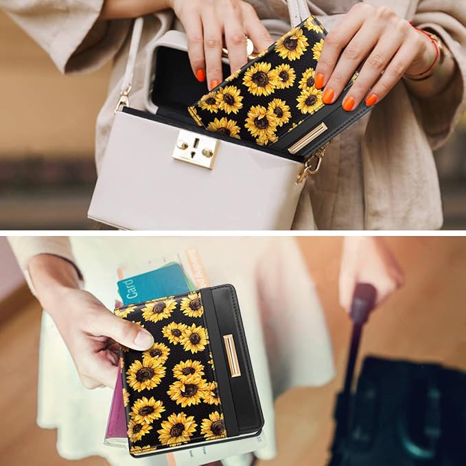 Women's Black Floral Sunflower Passport Wallet Cover with RFID Blocking, 7 Compartments, 4 Card Slots, Magnetic Closure