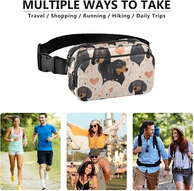 Black Dachshund Dogs Hearts Fanny Pack for Women Men Water Resistant Fashion Waist Packs with Adjustable Strap Belt Bag for Travel Workout Jogging Hiking 21219744