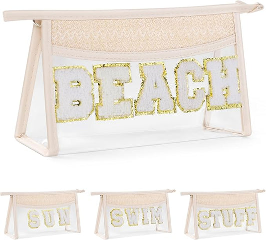 Etercycle Boho Patch BEACH Makeup Bag, Clear PVC Travel Toiletry Bag Waterproof Beach Bags for Women, Small Chenille Letter Bag With Zipper for Beach Travel Essentials