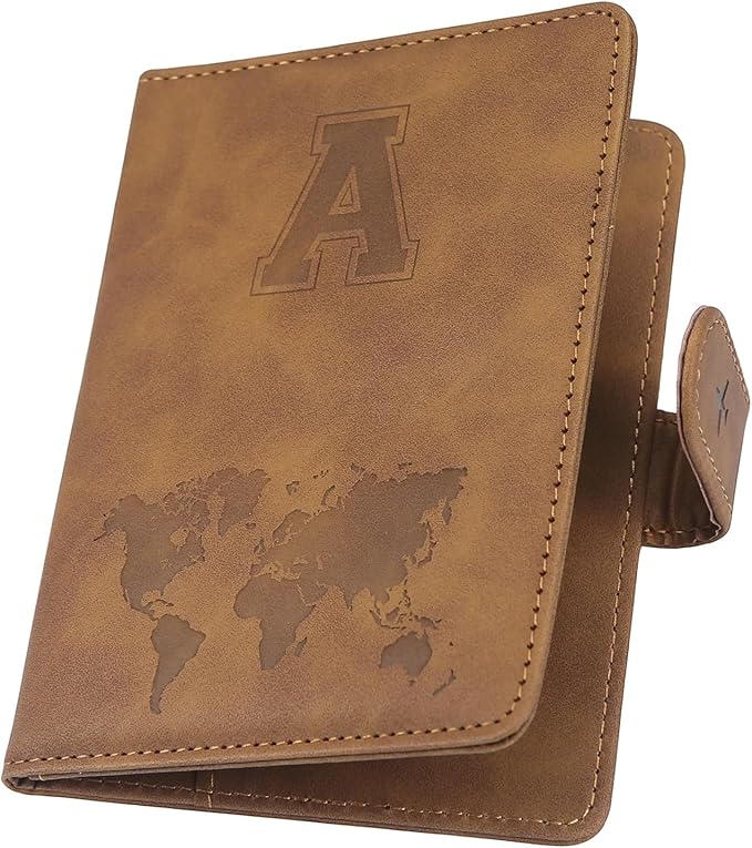 Personalized Passport Holder – Initial Letter Passport Cover with RFID Blocking, Holds 2 Passports, Slim PU Leather Unisex Travel Wallet, Brown A