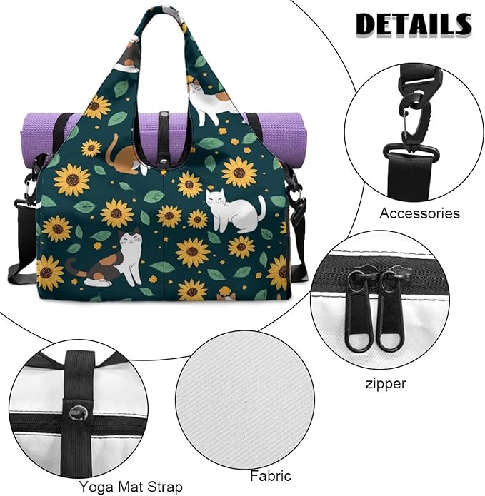 Cute Cat Workout Bag for Women with Yoga Mat Holder and Shoe Compartment Sunflower Gym Bag Water Resistant Gym Duffel for Swimming, Stylish Fitness Green Duffel Bag