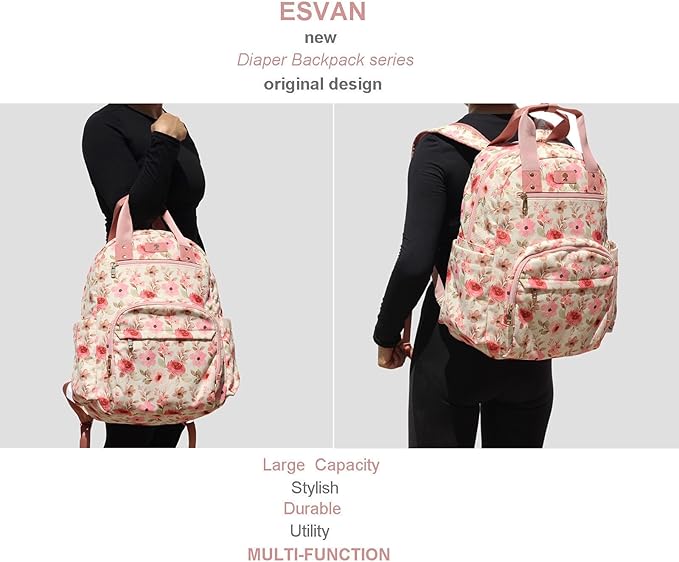 Diaper Bag Backpack, Large Capacity Multifunction Baby Essentials Fashion Travel Pack Linen Canvas office Laptop Bag (Corduroy Pink Flower)