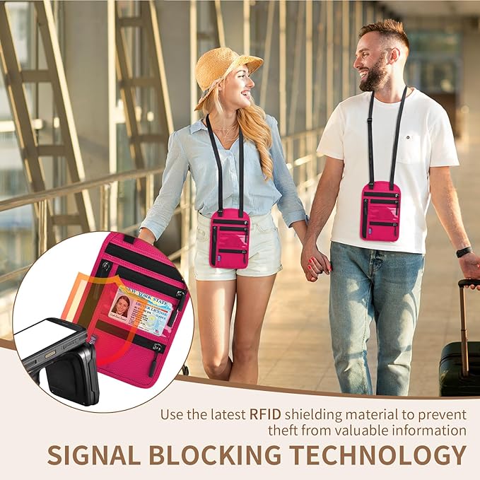 Passport Holder for Travel, RFID Travel Pouch Neck Wallet, Waterproof Passport Wallet for Women and Men, Rose