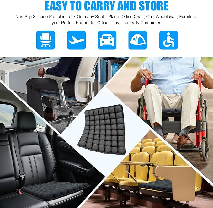 56 3D Air Cell Seat Cushion, Inflatable Travel Seat Cushion for Airplane,Office Chair, Wheelchair, Cars, Home Living, Comfortable Pressure Relief Tailbone Pain Relief (Black, 16"x18")