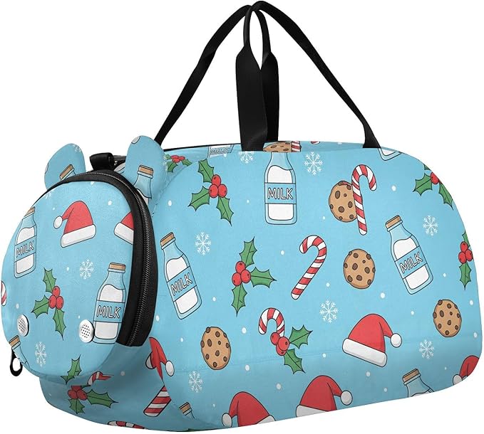 VIGTRO Milk Bottles Santa Hats Cookies Kids Overnight Travel Duffel Bag Sport Gym Bag for Boys Girls with Shoe Compartment, Christmas Carry On Weekender Luggage Bag for Dance Swim Yoga