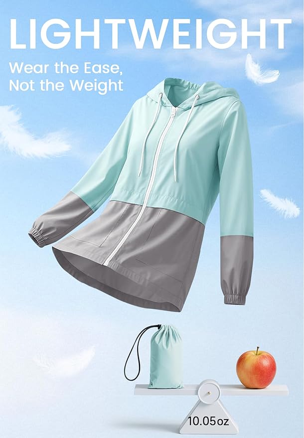 Zando Lightweight Rain Jacket Women Waterproof - Raincoat for Women Packable Rain coat Hooded Windbreaker for Travel Outdoor