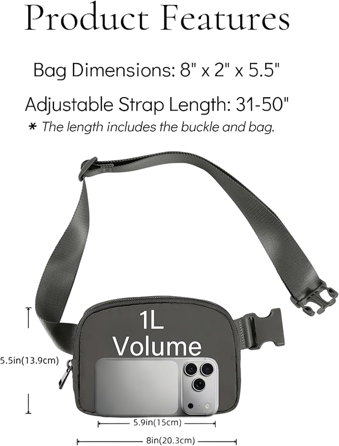 Fanny Pack Crossbody Bag Trendy Waterproof Small Cross Body Purse for Women Men Fashion Waist Packs Mini Belt Pouch Chest Bum Hip Bag Lulu Dupes for Travel Vacation Running Dim Grey