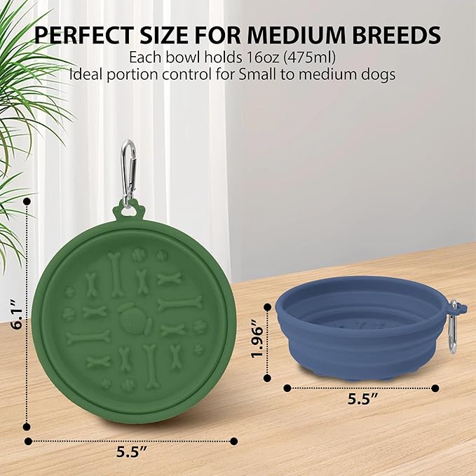 2-Pack Collapsible Dog Bowls with Suction Cups & Scraper - 16oz Travel Pet Bowls for Food/Water, Non-Slip Feeding Dish for Dogs, Includes Carabiner Clip Grey&Olive Green