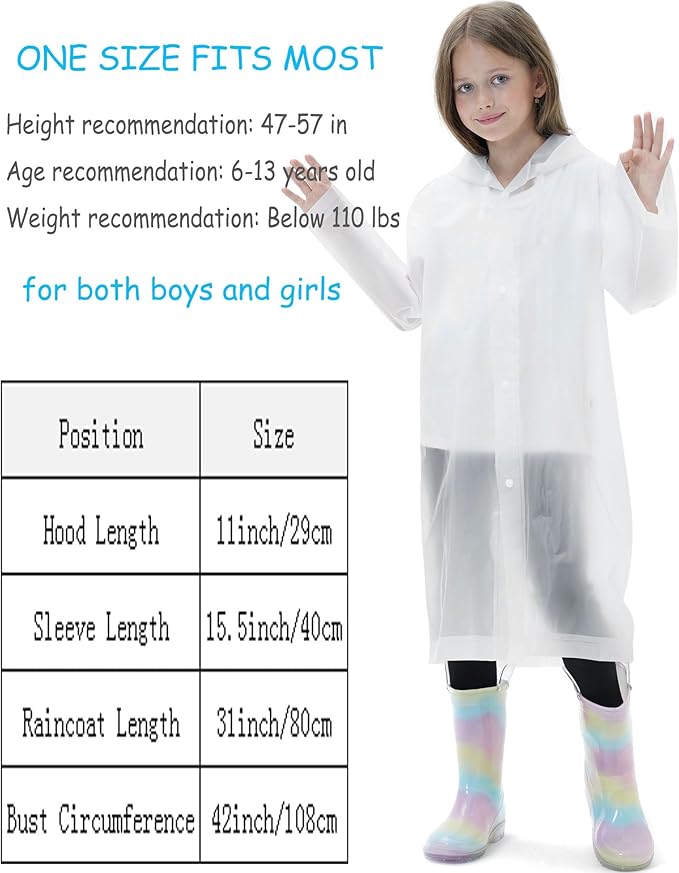 2 Pack Reusable Waterproof Raincoat EVA Emergency Rain Ponchos One Size Rain Jacket for Children, Boys and Girls