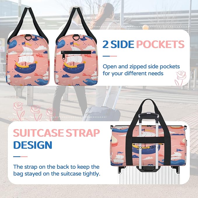 Ocean Ships Pink Overnight Travel Bag Unisex Carry-On Size Tote Bag Suitable for Travel Duffle Gym Sports
