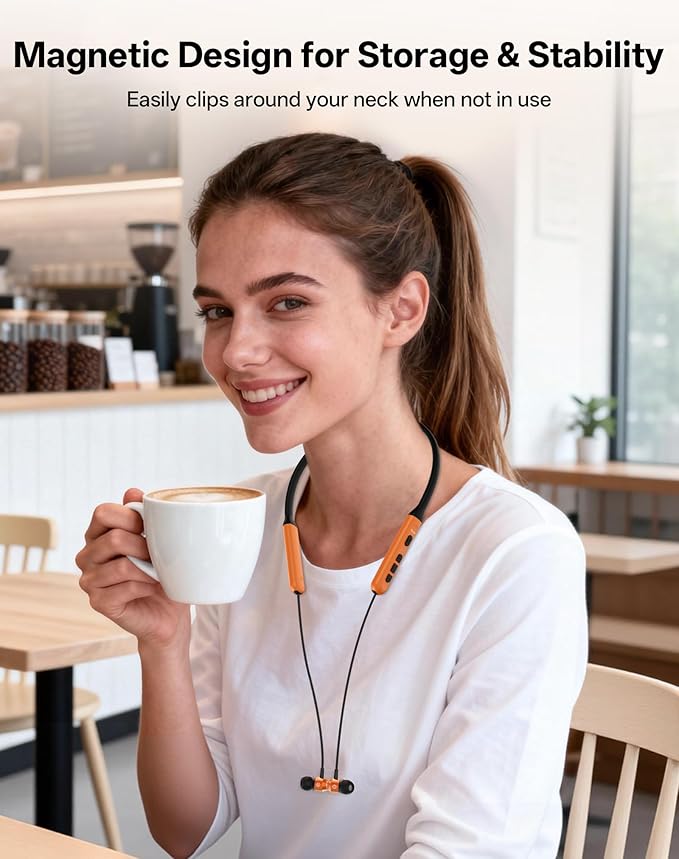 Neckband Bluetooth Headphones, Wireless Bluetooth 6.0 Earbuds with Microphone, Comfortably Light, Deep Bass Earphones 35H Playtime, IPX5 Waterproof, Magnetic Headset for Workout (Deep Orange)