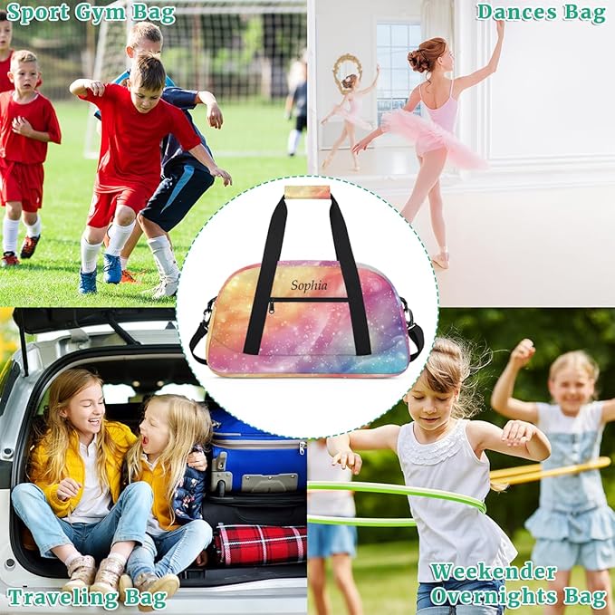 Custom Name Glitter Rainbow Girls Gym Travel Duffle Bag with Front Zipper Pocket Personalized Sports Bag for Overnight, Weekender, Carry On,Workout & Dance, 18.9 * 8.7 * 10.6 in