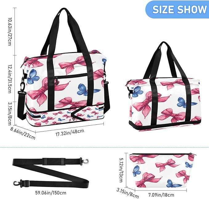 Travel Duffel Bags for Women Red Bow & Blue Butterfly Sports Duffel Bags Gym Bags with Shoes Compartment Tote Bag Weekender Bag for Travelling