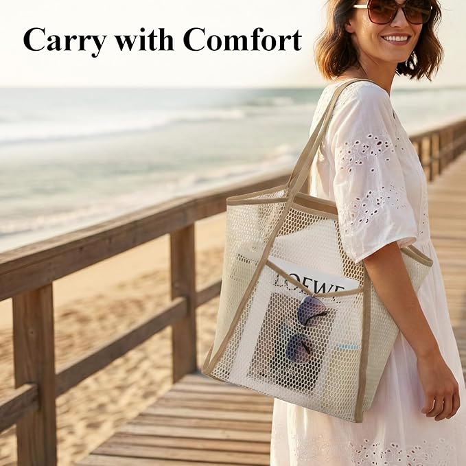 F-color Mesh Beach Bag Family - Large Tote Bag 9 Pockets for Swim Pool Toys Cruise Beach Vacation Essentials