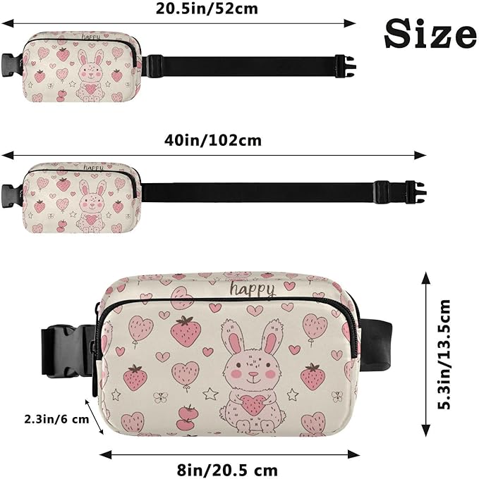 Kawaii Pink Rabbit Strawberry Fanny Pack for Women Men Water Resistant Fashion Waist Packs with Adjustable Strap Belt Bag for Travel Workout Jogging Hiking 21219117
