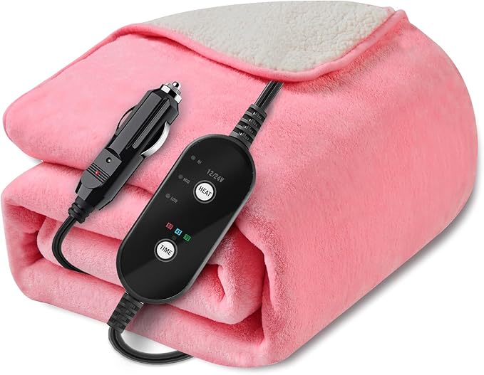 12V/24V Heated Car Blanket, Electric Blanket Flannel Heating Throw for Car, SUV, RV, or Camping, 60" x 44", Hi/M/Lo Heating Settings, Auto-Off Timer,Pink