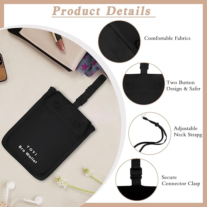YOYI YOYI Bra Wallet with Hidden Money Pouch & Secret Stash Pocket, Includes Neck Strap, RFID Fabric for Secure Storage of Cash, Cards, & Valuables - Ideal for Travel & Daily Use