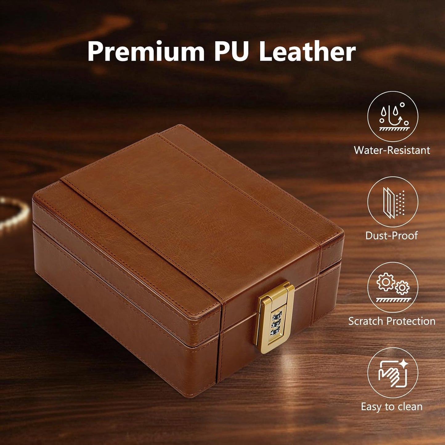 BISON DENIM Watch Box, 4 Watch Travel Case with Combination Lock - PU Leather Men's Watch Storage Box & Jewelry Organizer with Ring Slots & Necklace Hooks, Secure Travel Case, Brown