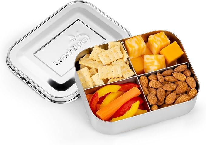 LunchBots Medium Quad Snack Container - Divided Stainless Steel Food Container - Four Sections for Finger Foods On the Go - Eco-Friendly, Dishwasher Safe - Stainless Lid - Stainless Steel