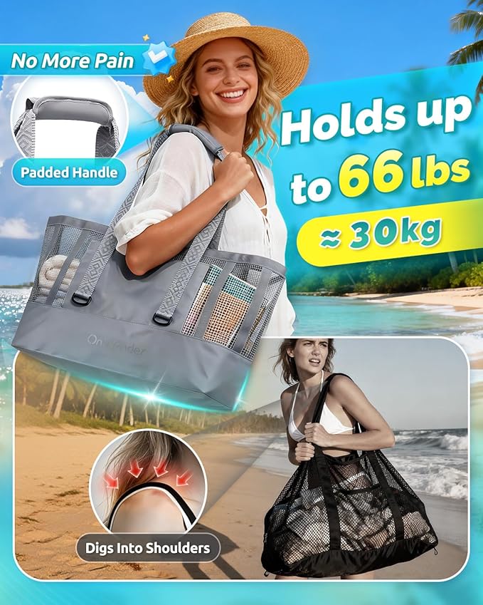 Large Mesh Beach Tote Bag - 50L Pool Bags with 2 Inner Zipper Waterproof Pockets for Swim Toys Towels Travel