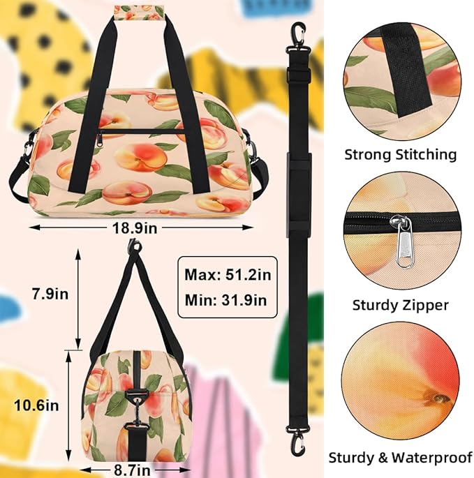 Gym Bag for Women Men, Peach Pattern Travel Duffle Bags for Dance Ballet Overnight, Carry-On Weekender Bag with Detachable Shoulder Strap