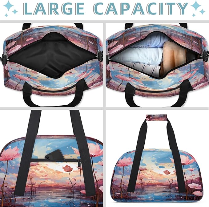 Pink Lotus Sunset Sports Duffel Bags, Water-Resistant Gym Duffle Bag for Men Women, Lightweight Weekender Overnight Bag for Fitness, Workout, Travel
