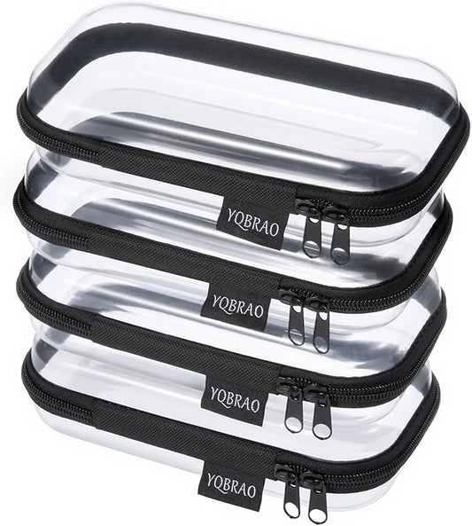 YQBRA 4 Pack Clear Hard Shell Zipper Case, See-Through Hard Plastic Organizer Pouches with Zipper for Travel, Toiletries, Makeup, Electronics & Pencils - Crush-Resistant Storage (S Black)