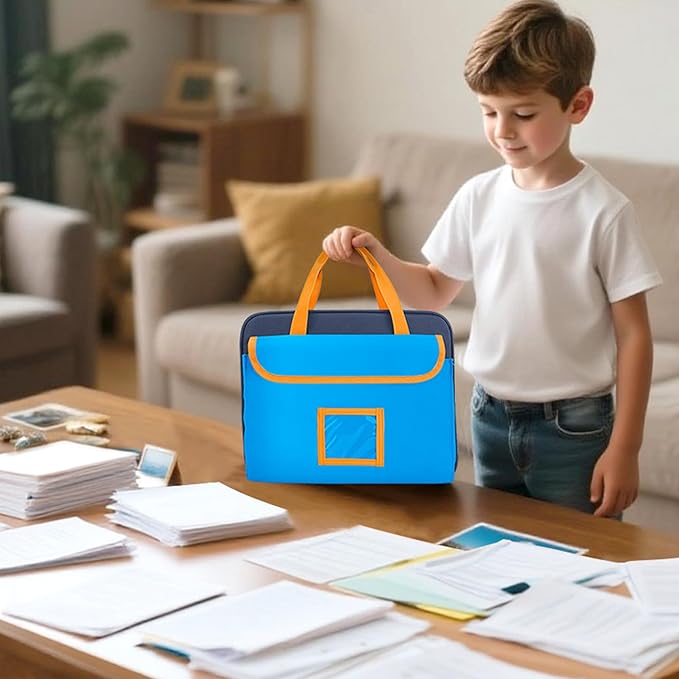 Zipper Document Bag for Boys and Girls, 9 Expandable Folders, Baby Portfolio Organizer Case with Customized Photo and Name Areas, Blue