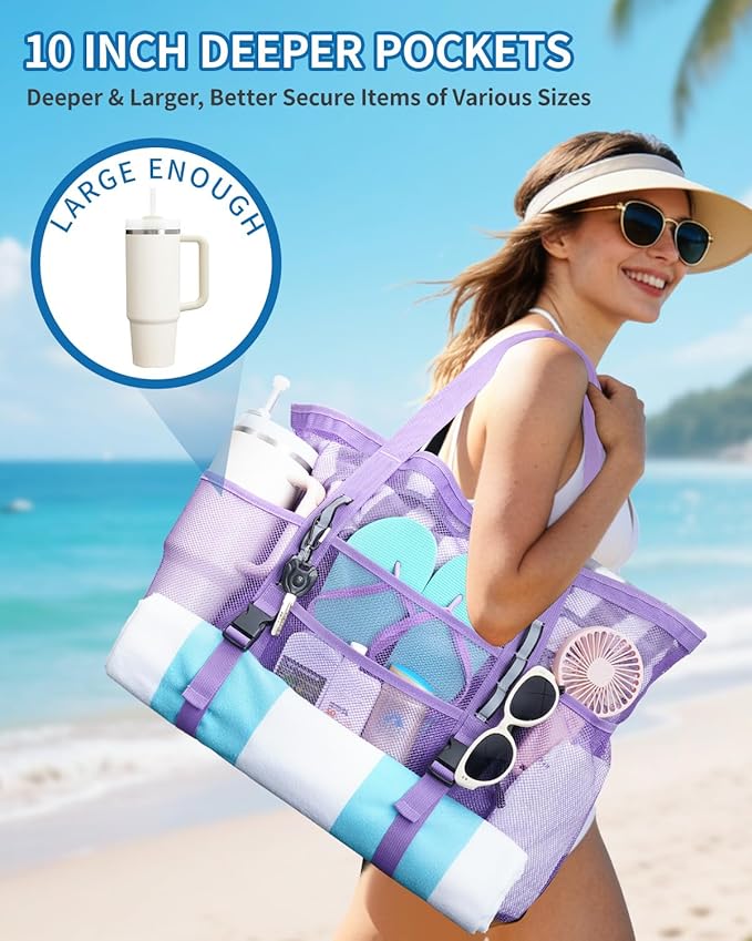 WANDF Mesh Beach Bag for Women, Large Beach Tote Bags with 40oz Tumbler Side Pockets, Family Pool Bag for Swim Toys Towels Cruise Vacation Essentials (Purple) | Breathable