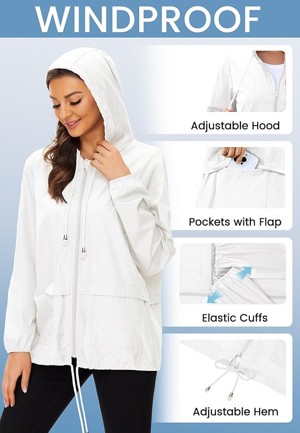 Zando Lightweight Rain Jacket Women Waterproof - Raincoat for Women Packable Rain coat Hooded Windbreaker for Travel Outdoor