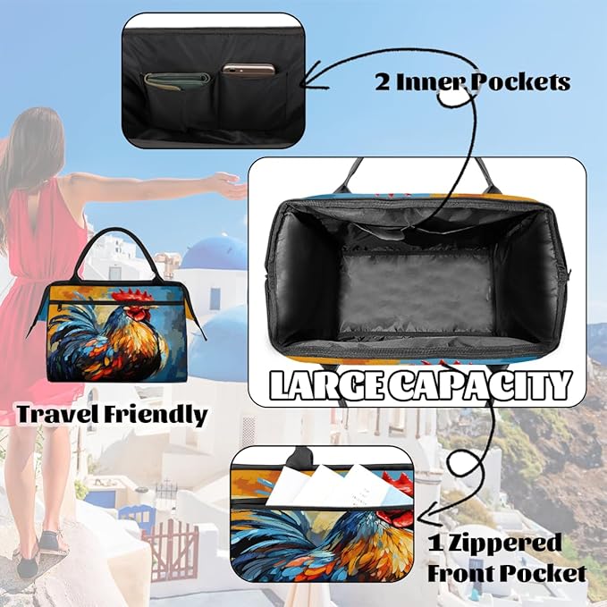 Multipurpose Duffle Bag, Waterproof Carry On Bag with Spacious Design, Rooster Chicken Painting Gym Bags, 15.2x8.3x11.6in