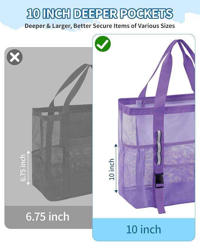 WANDF Mesh Beach Bag for Women, Large Beach Tote Bags with 40oz Tumbler Side Pockets, Family Pool Bag for Swim Toys Towels Cruise Vacation Essentials (Purple) | Breathable