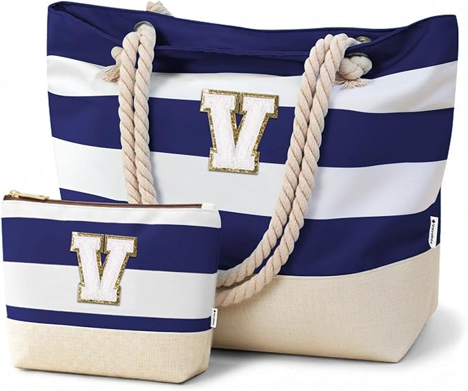 Vavabox Initial Beach Tote Bag for Women, Water-resistant Foldable Travel Beach Bag Set, Birthday Gifts for Women Mom
