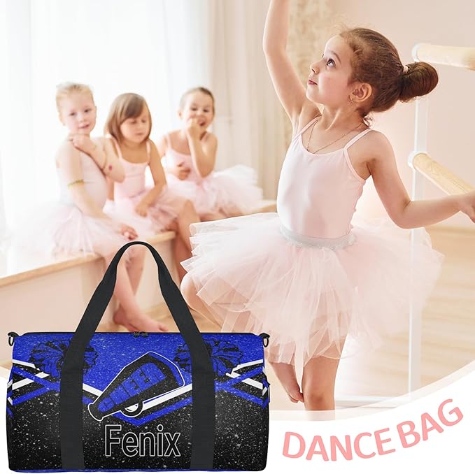 Custom Cheerleading Bag with Name, Personalized Large Sports Duffle Gym Bag for Travel, Cheerleader Royal Blue with Glitters Effect