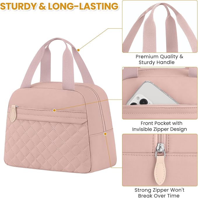 Insulated Lunch Bag for Women, Portable Lightweight Lunch Box for Adults, Reusable Small Lunch Tote Cooler Bags with Front Zipper Pocket for Work School Picnic(Pink)