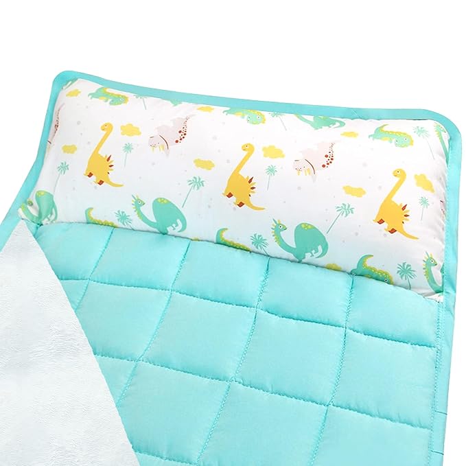 Moonsea Nap Mat with Pillow for Toddlers Dinosaur and Fleece Minky Blanket, Lightweight Perfect for Toddlers Preschool, Daycare, Travel Sleeping Bag Boys Girls, 21" x 50" Fit on a Standard Cot