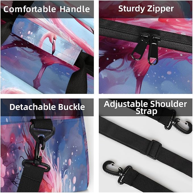 Gym Bag for Women Men, Pink Flamingo In Water Travel Duffle Bags for Dance Ballet Overnight, Carry-On Weekender Bag with Detachable Shoulder Strap