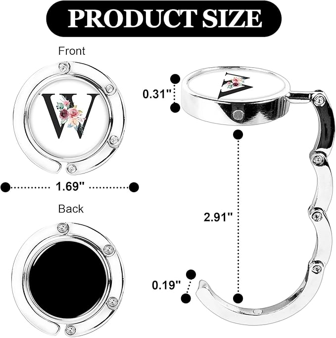 XSUIOY 3Pcs Personalized Initial Foldable Purse Hook for Table,Crushed Flower Letters Folding Purse Hanger,Purse Holder Handbag Hanger Collection Desk Table Bag Hooks Gifts for Women Bag(Black-W)