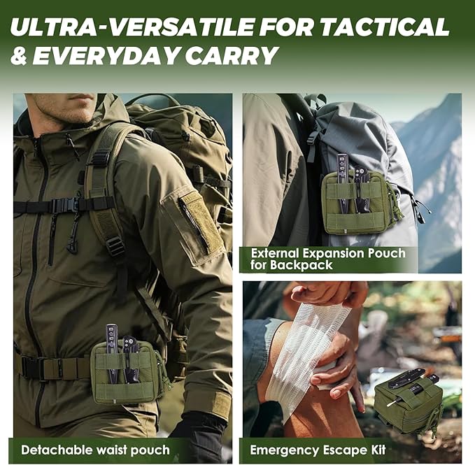 2 Pack Mini Tactical EDC Molle Pouch with 4 D-Rings, Compact Utility Belt Pouches Organizer with Removable Clear ID Pocket for Enhanced Gear Attachment (4x4 GP Pouch)