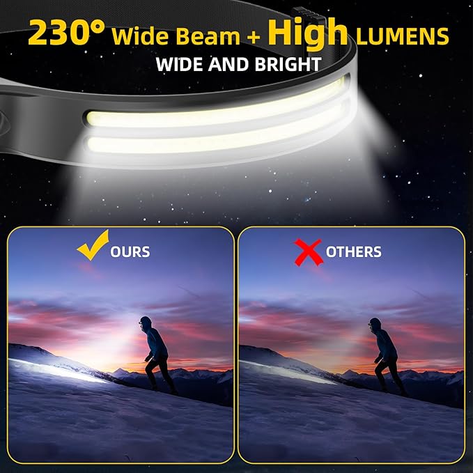 3Pack LED Headlamp Rechargeable - 230° COB Super Bright Head Lights for Forehead, Hard hat Light for Adults, USB C Headband Flashlight for Work, Running, Hunting, Camping Essentials Gear