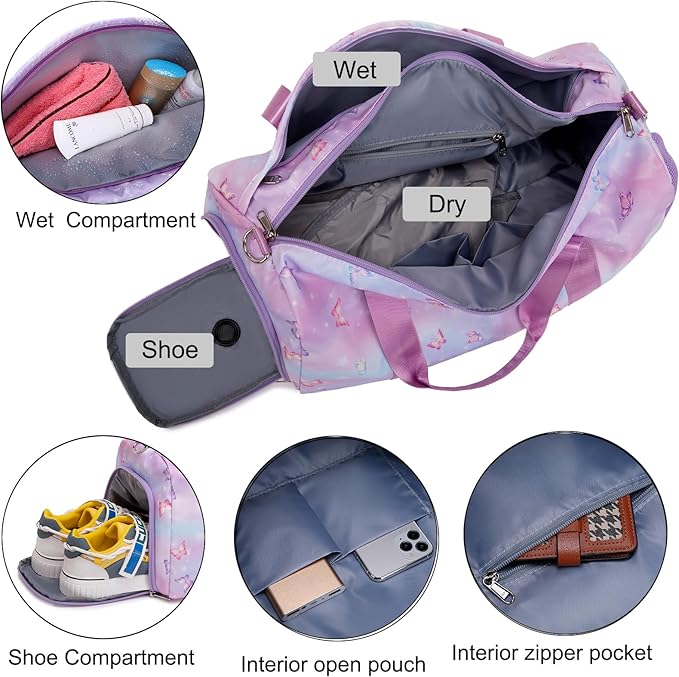 Butterfly Dance Bag for Girls,Gym Travel Duffle Bag Gymnastics Sports Dance Bag with Shoe Compartment