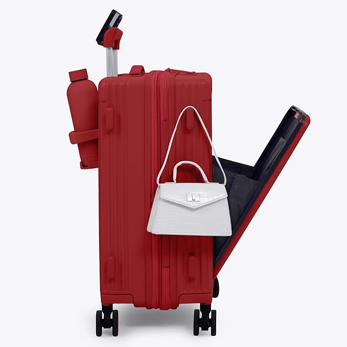 Nobl Travel Carry On Expandable Luggage, Noble Aluminum Frame PC Hard Shell Suitcase, 22.5”x14.2”x9.8” Airline Approved, 360° Spinner Wheels, TSA Locks, USB Charging, Cup & Phone Holder - Cherry Red