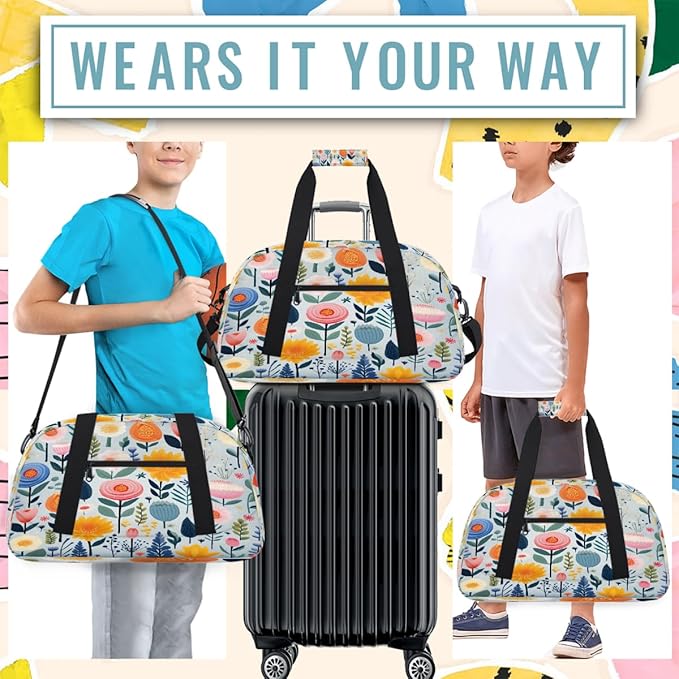 Duffle Bag for Women Men, Pastel Colorful Floral Gym Bag for Travel Sports, Lightweight Waterproof Weekender Overnight Bags with Adjustable Strap