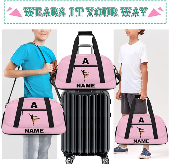 Personalize-Kids-Sports-Duffel-Bags With Custom Name Text Carry-On Overnight Travel Gym Lightweight Dance Pattern Sports Bags For Girls Boys Kids,Pink