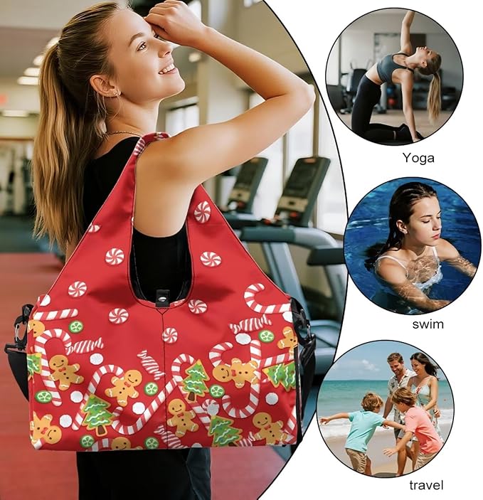 Christmas Candy Cane Gingerbread Women Duffle Bag for Travel Carry On Gym Bag with Shoes Compartment & Yoga Mat Strap Sports Camping Overnight Weekender Bags for Christmas Outfits