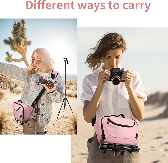 Camera Sling Bag,Waterproof Camera Case with Tripod Holder,Lightweight DSLR/SLR/Mirrorless Camera Bags Crossbody for photographers-Pink