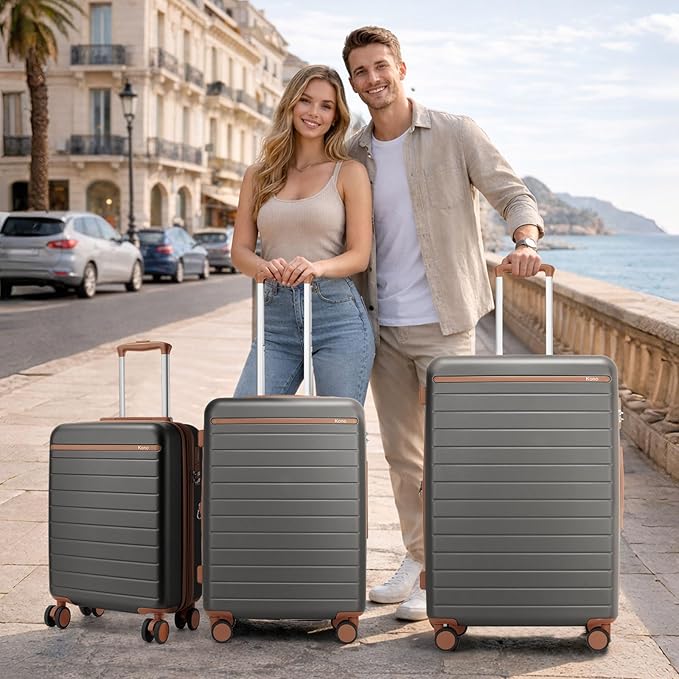 Kono Expandable 20 Inch Carry On Suitcase Airline Approved, Lightweight ABS+PC Hardshell Luggage with 360° Silent Spinner Wheels, Grey/Brown