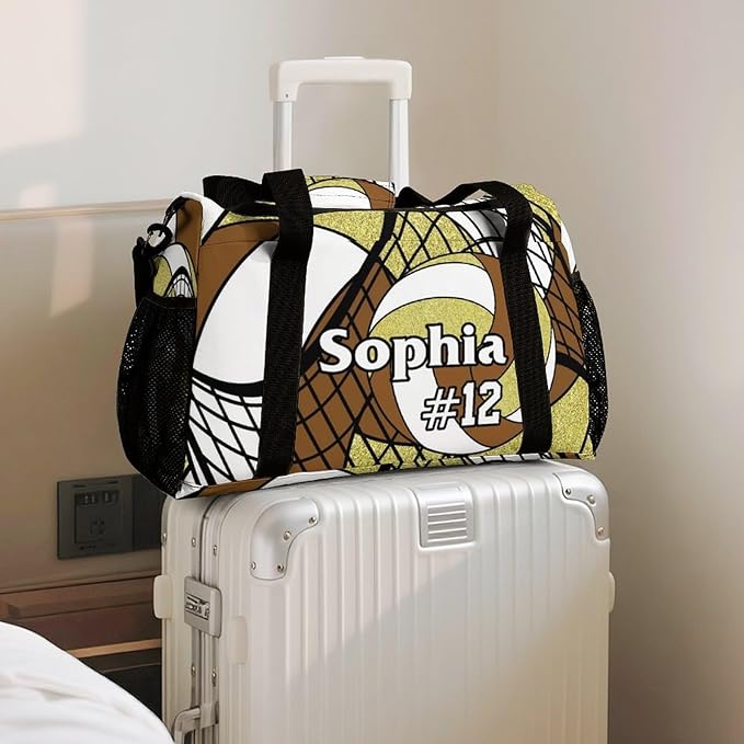 Custom Volleyball Brown Gold Duffel Bag with Name Personalized Travel Bags Sport Gym Bag Carry On Weekender Bags for Men Women