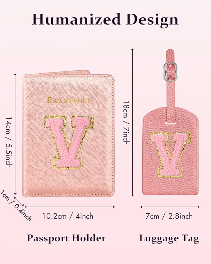 Slohif Passport Holder Initial Lugguage Tag Set Suitcase Cover Wallet Case for Travel Women - Leather Letter Passport Book Personalized Organizer Card Protector Sleeve Essentials Slim Carrier Red V